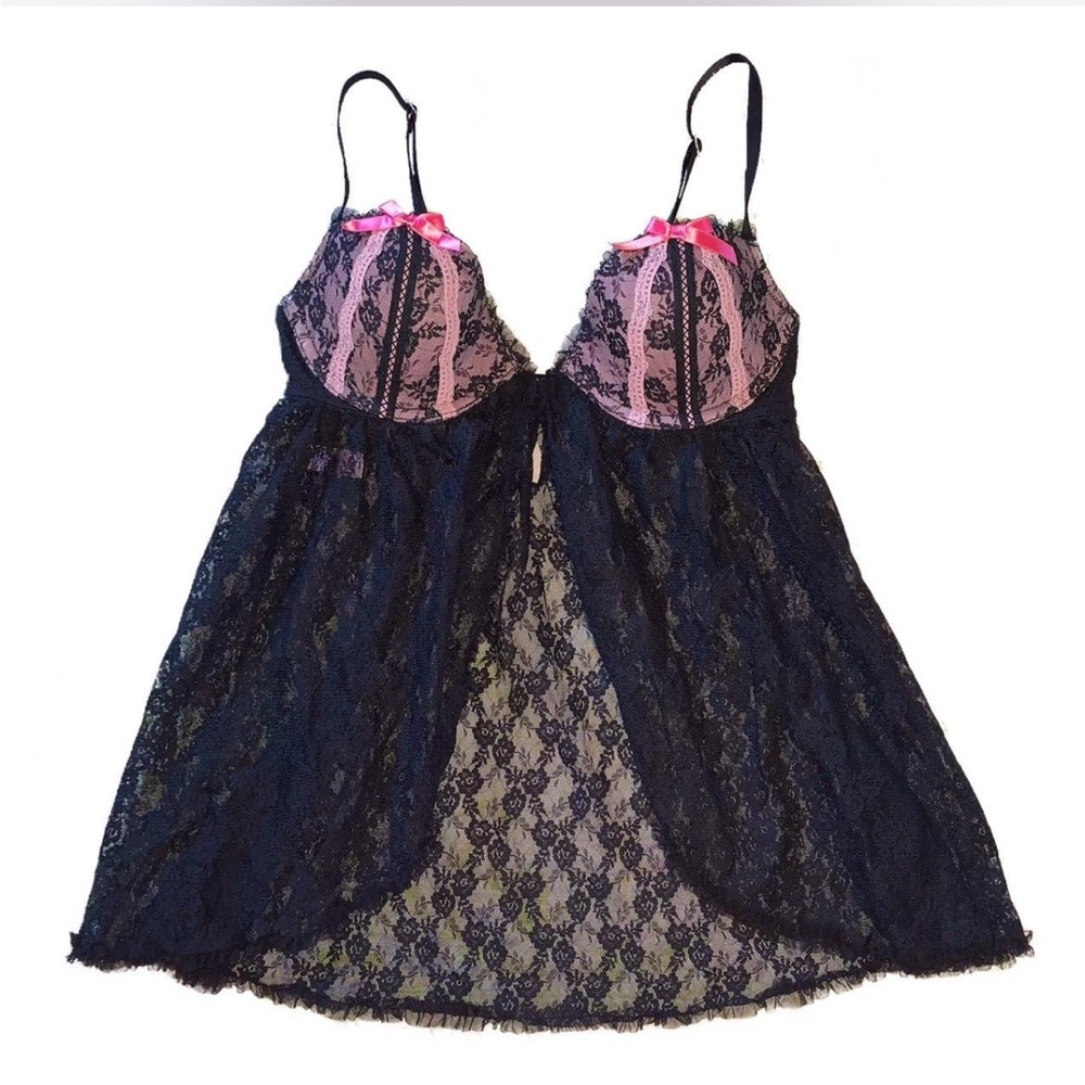 NWT VICTORIAS SECRET baby doll chemise pink‎ black lace with bow detail